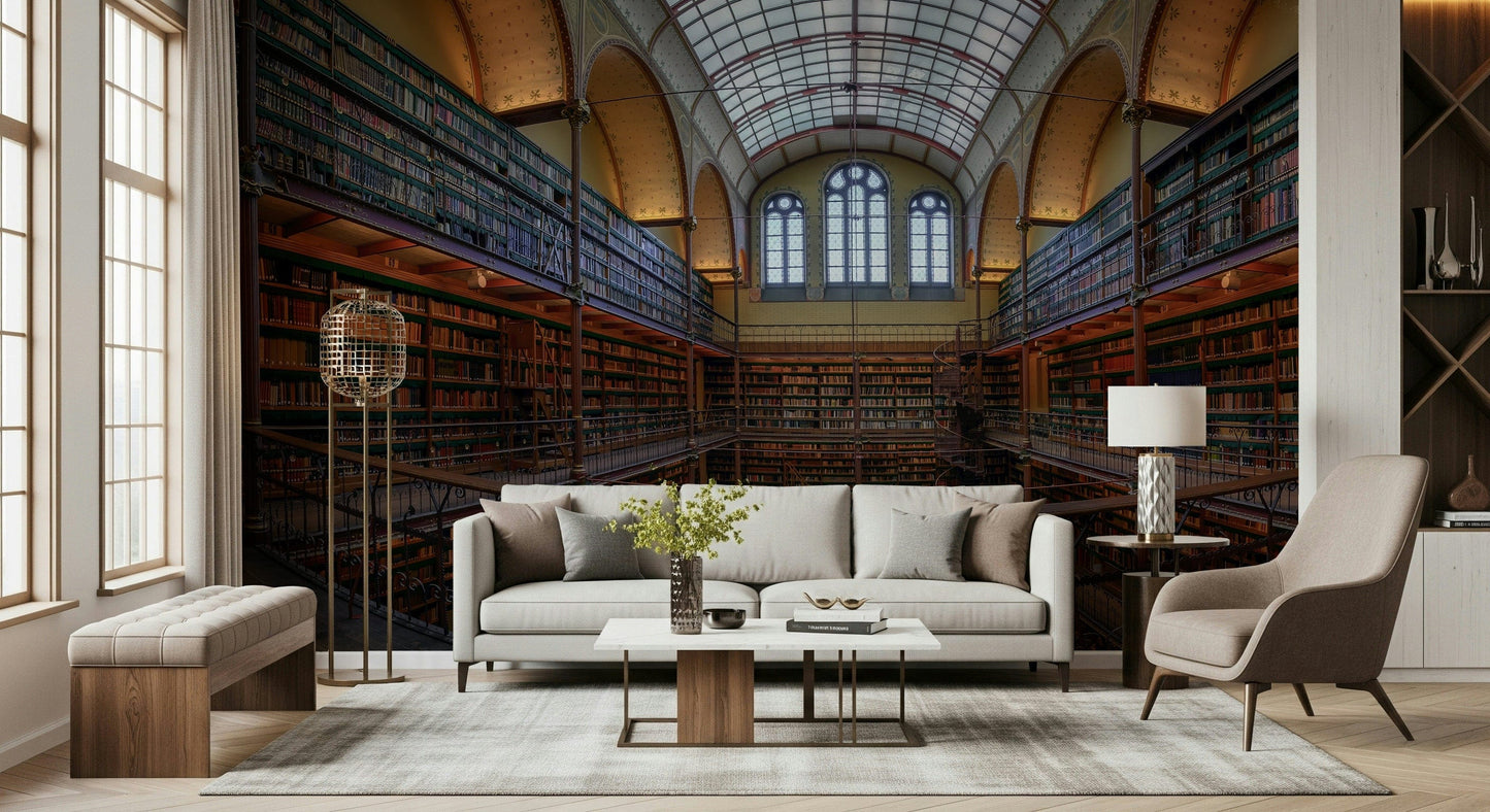 Majestic Reading Room Wall Mural – Classic library interior with warm tones, detailed bookshelves, and sophisticated ambiance.