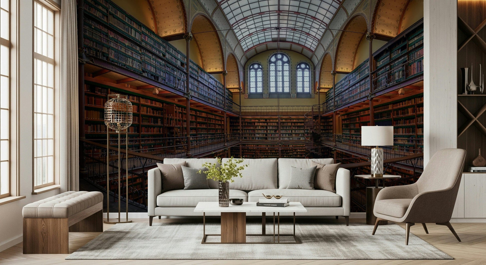 Majestic Reading Room Wall Mural – Classic library interior with warm tones, detailed bookshelves, and sophisticated ambiance.