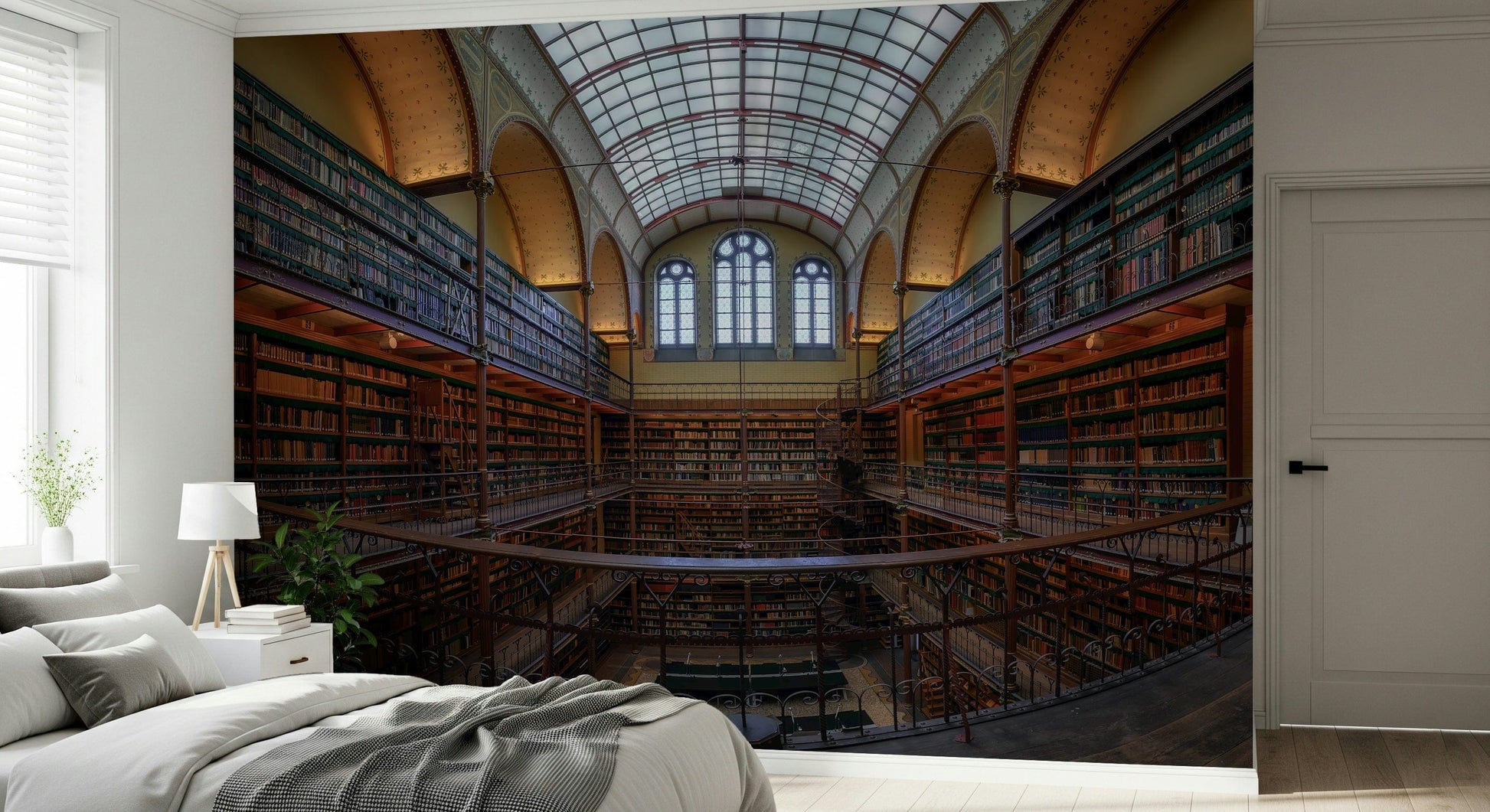 Ornate Library Interior Wall Mural – Detailed mural capturing classical library grandeur with high shelves and intricate design.