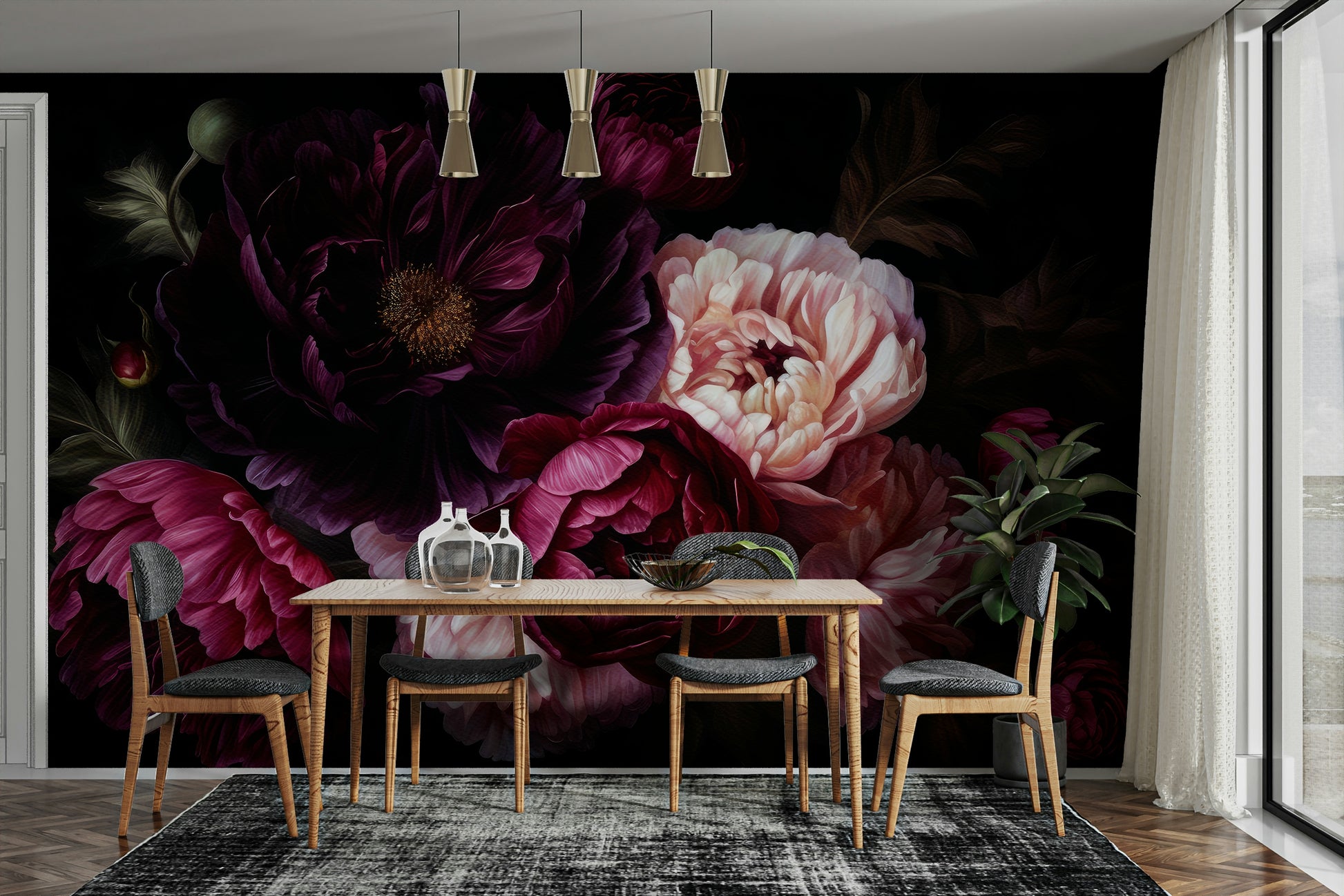 Elegant dark floral mural wallpaper with vintage peony design.

