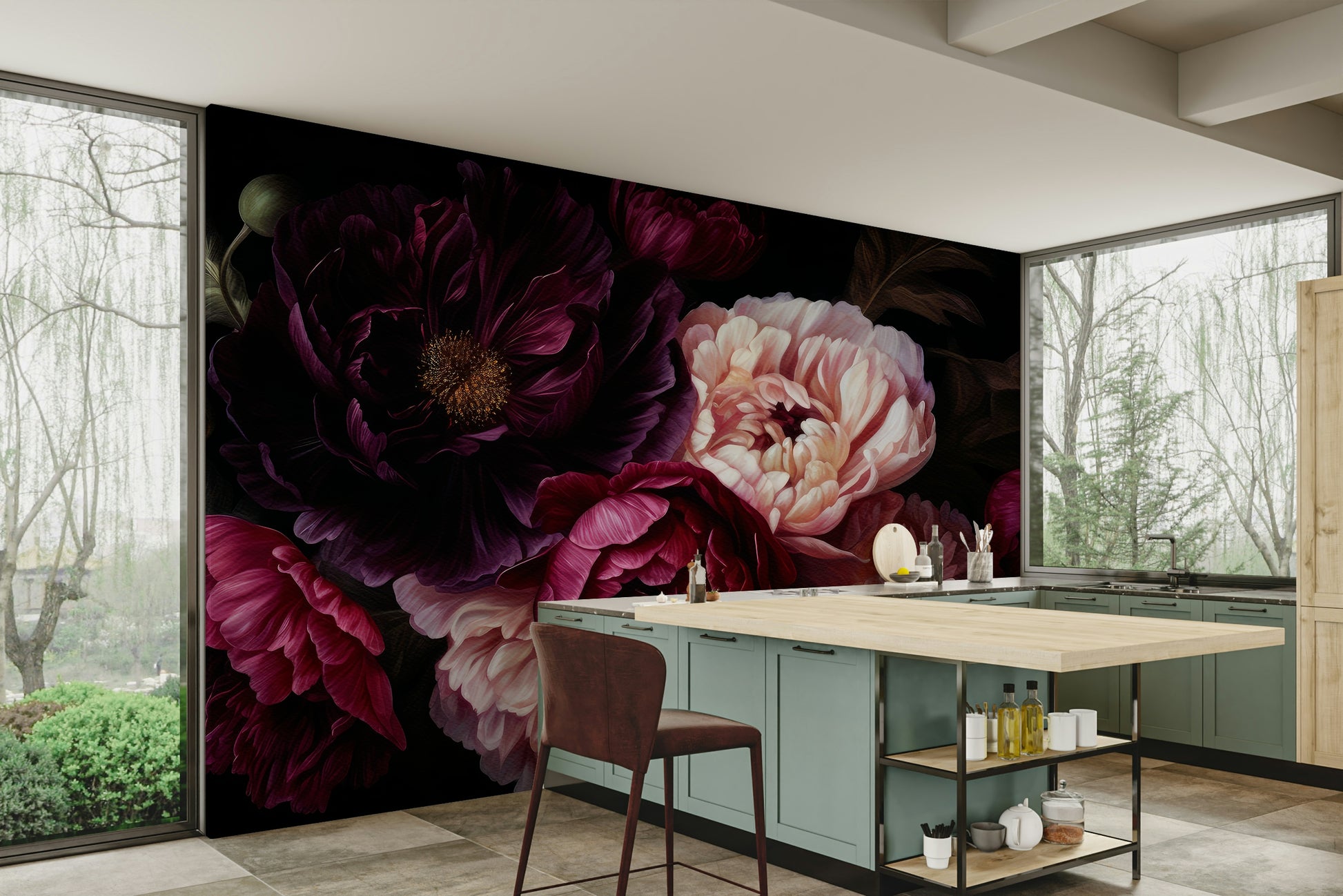 Dramatic dark peony mural wallpaper adding vintage gothic flair.

