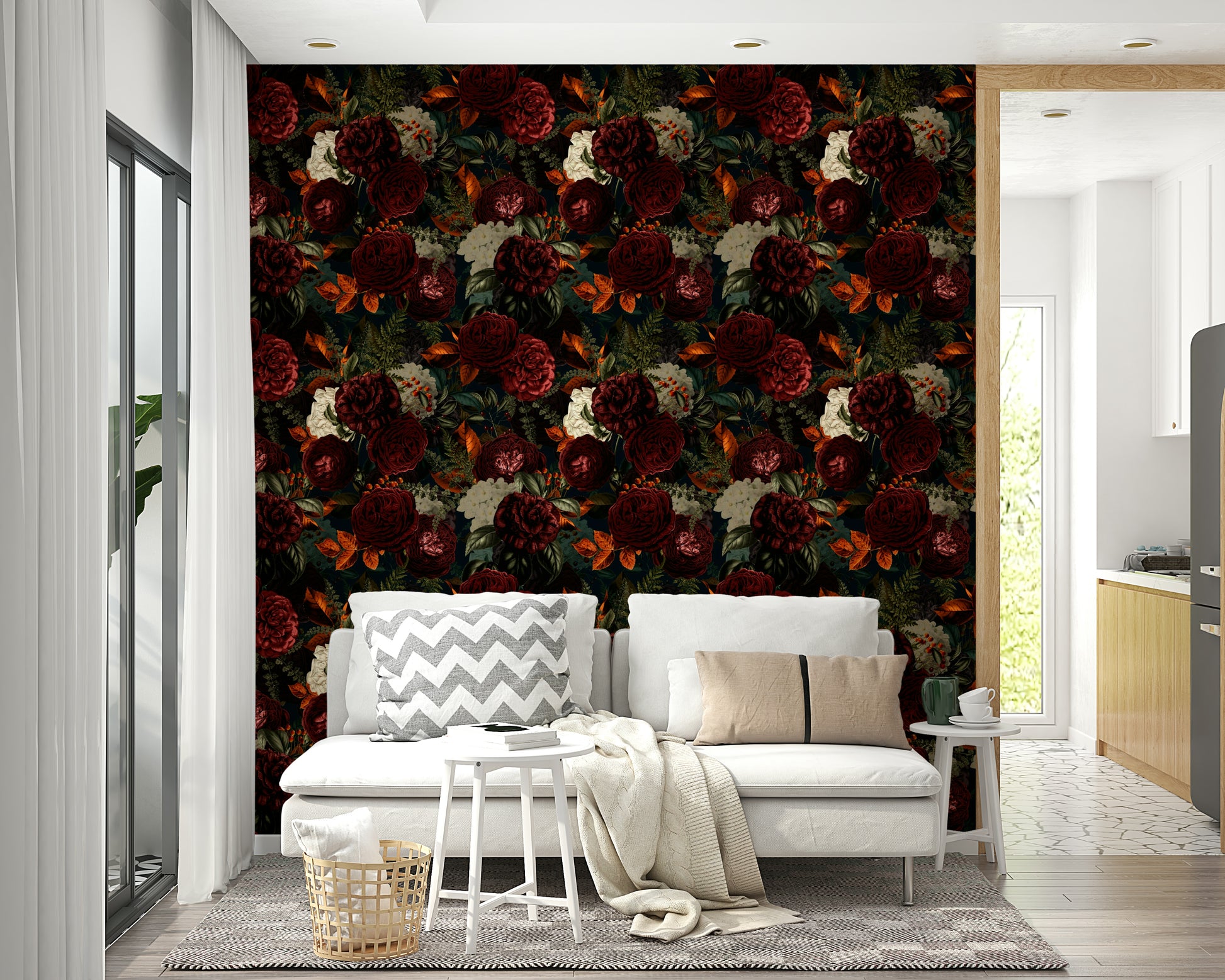 Grandmillennial dark wallpaper with floral details

