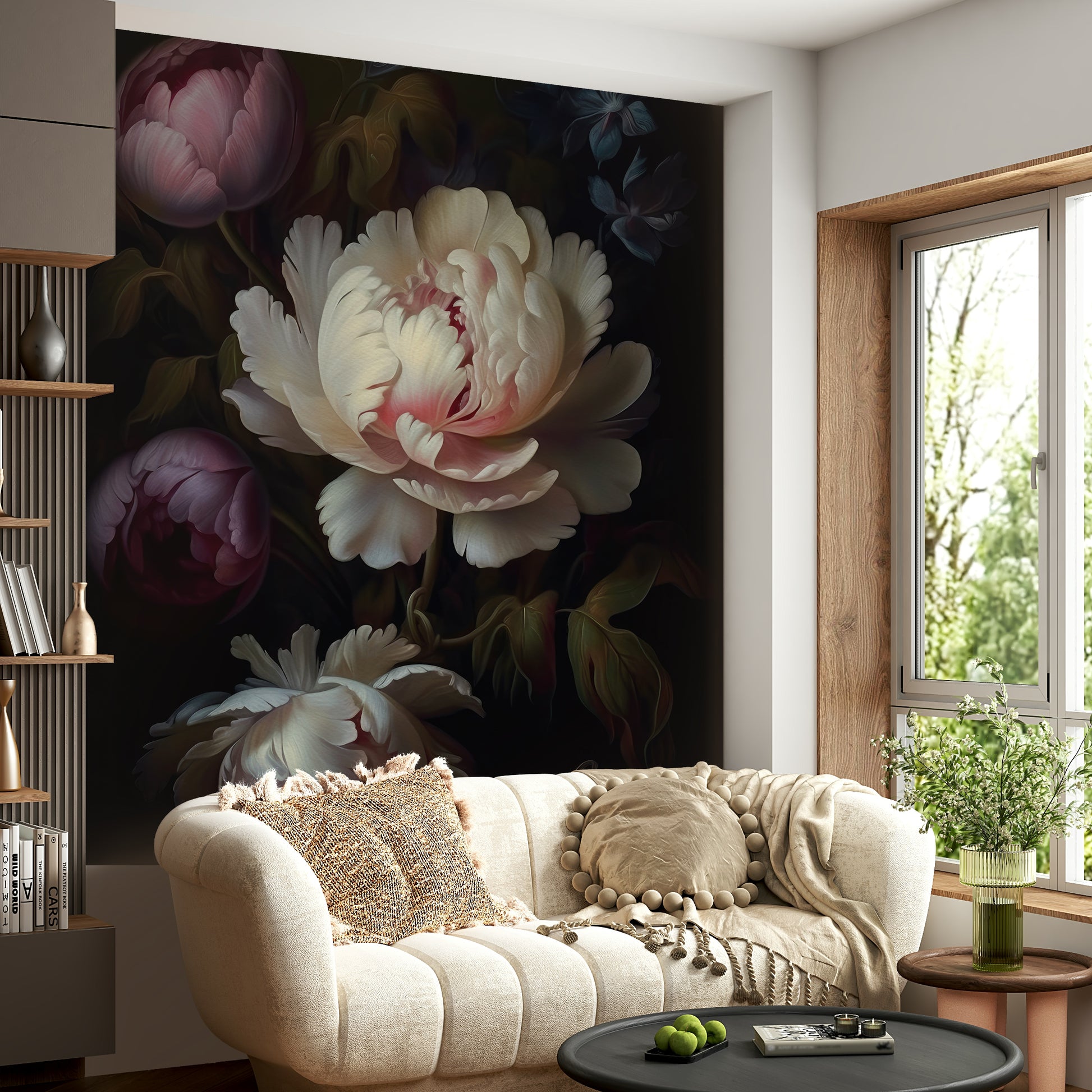 Grandmillennial Gothic dark floral wall mural for bold interiors.

