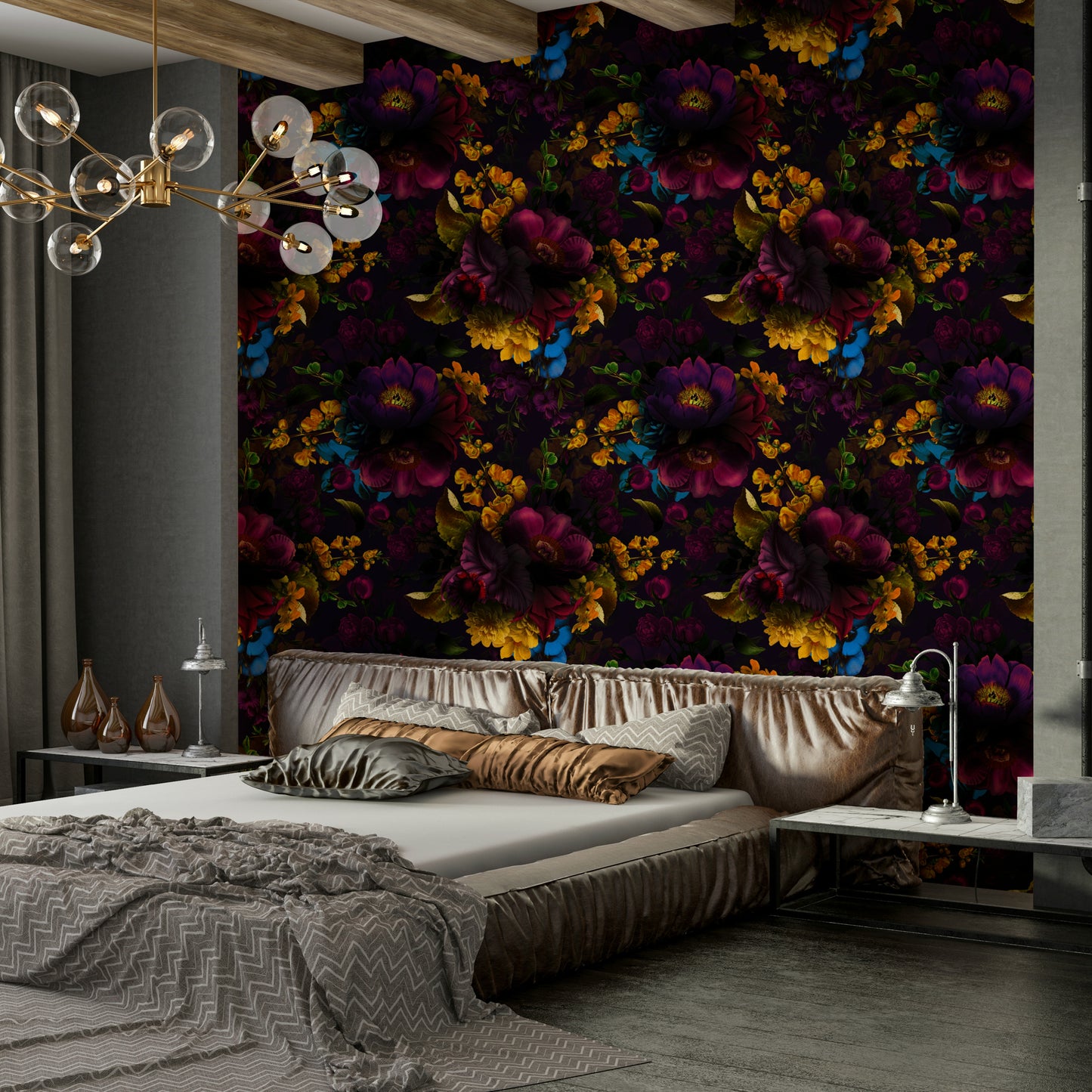 Heritage-style floral wallpaper with dark, moody tones

