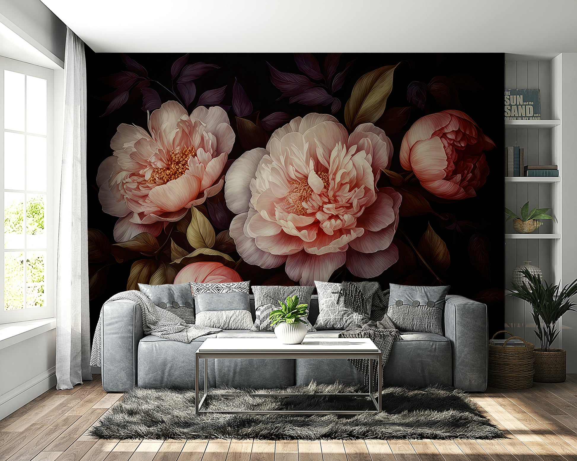 Timeless dark peony floral wall mural with gothic elegance.

