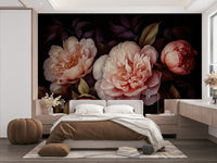 Bold gothic floral wallpaper mural with dark peony design.

