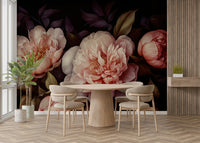 Dramatic dark peonies mural wallpaper adding gothic elegance.

