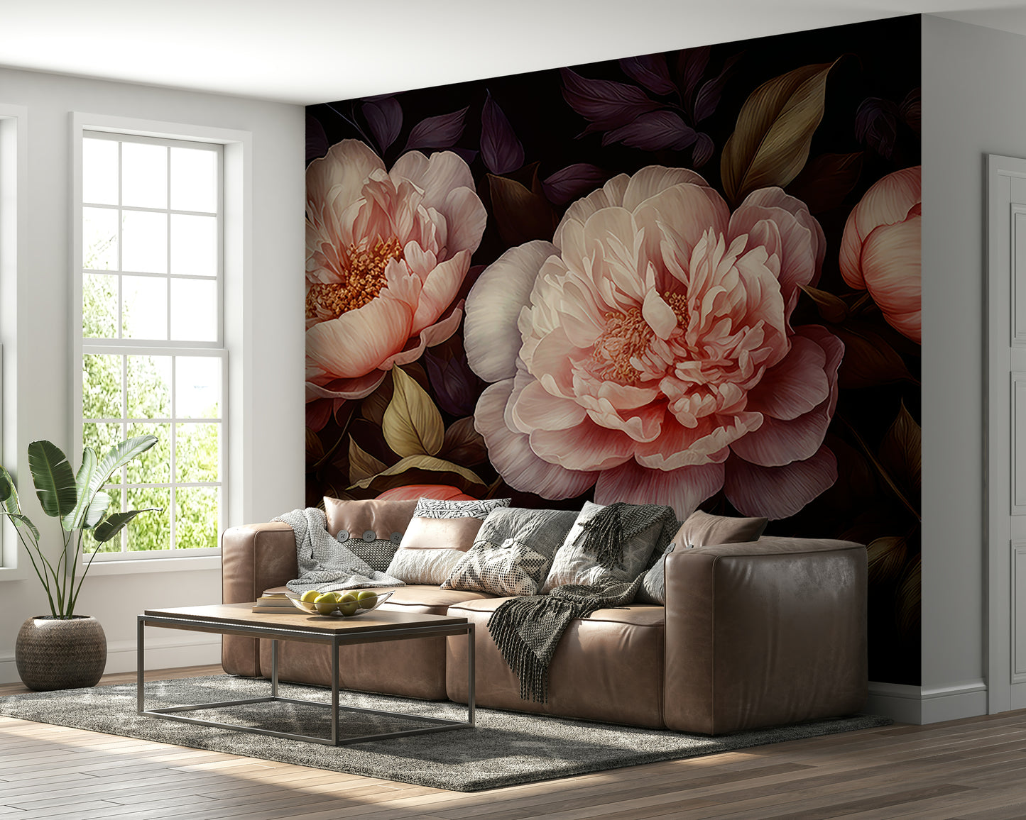 Grandmillennial Gothic dark peony floral wall mural for bold style.

