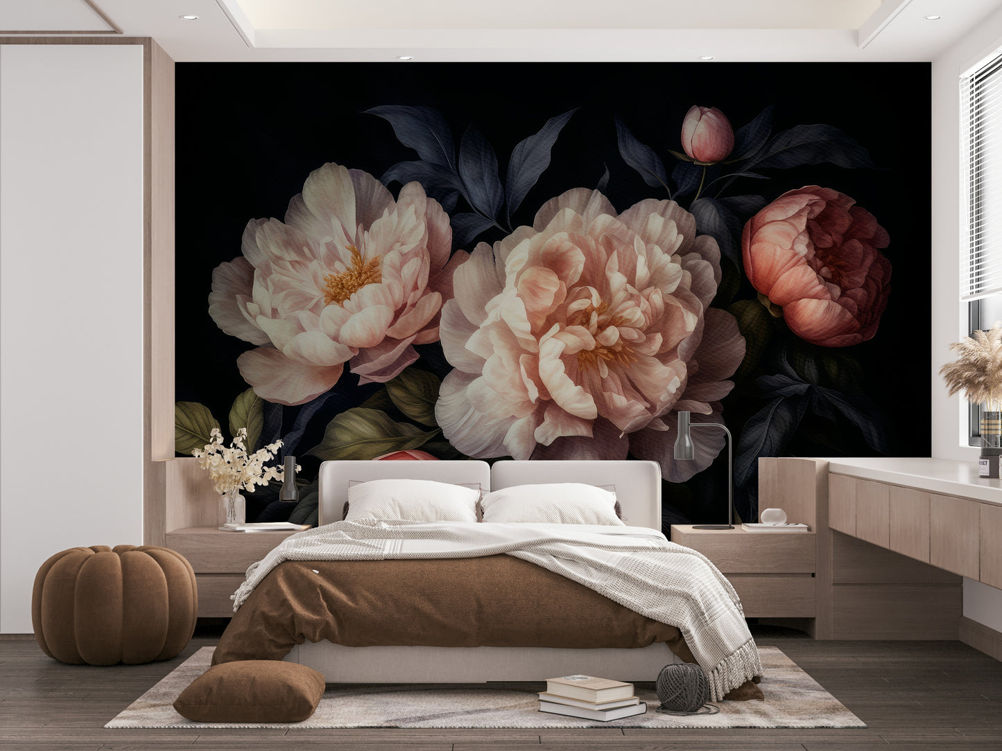 Timeless gothic floral mural with rich, deep peonies design.

