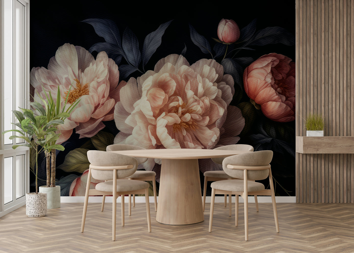 Vintage gothic dark peonies mural for a bold home statement.

