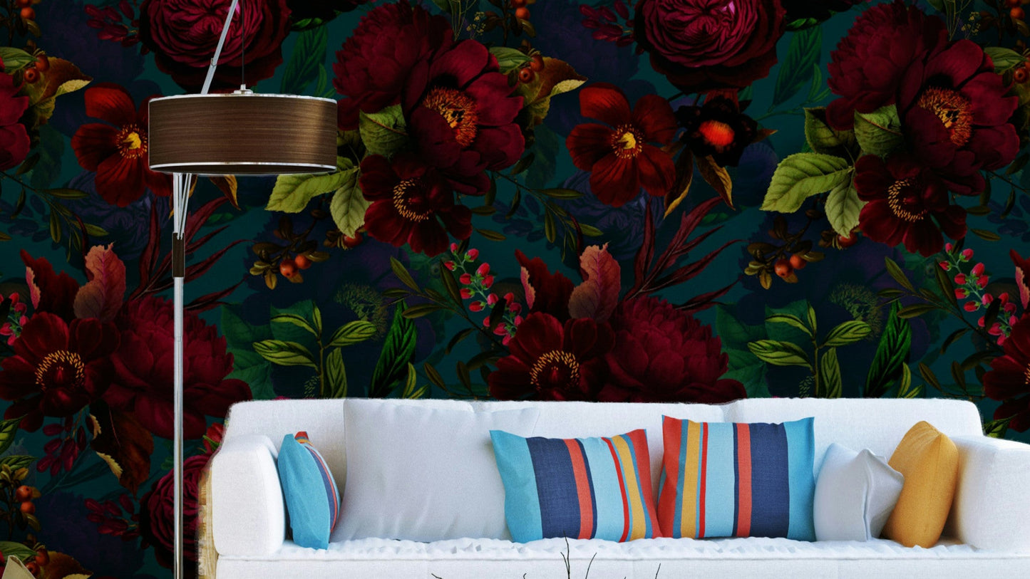 Grandmillennial Gothic floral wallpaper with dramatic dark florals


