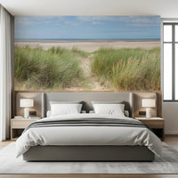 Grassland by the Sea nature wallpaper applied to a spacious bedroom wall.