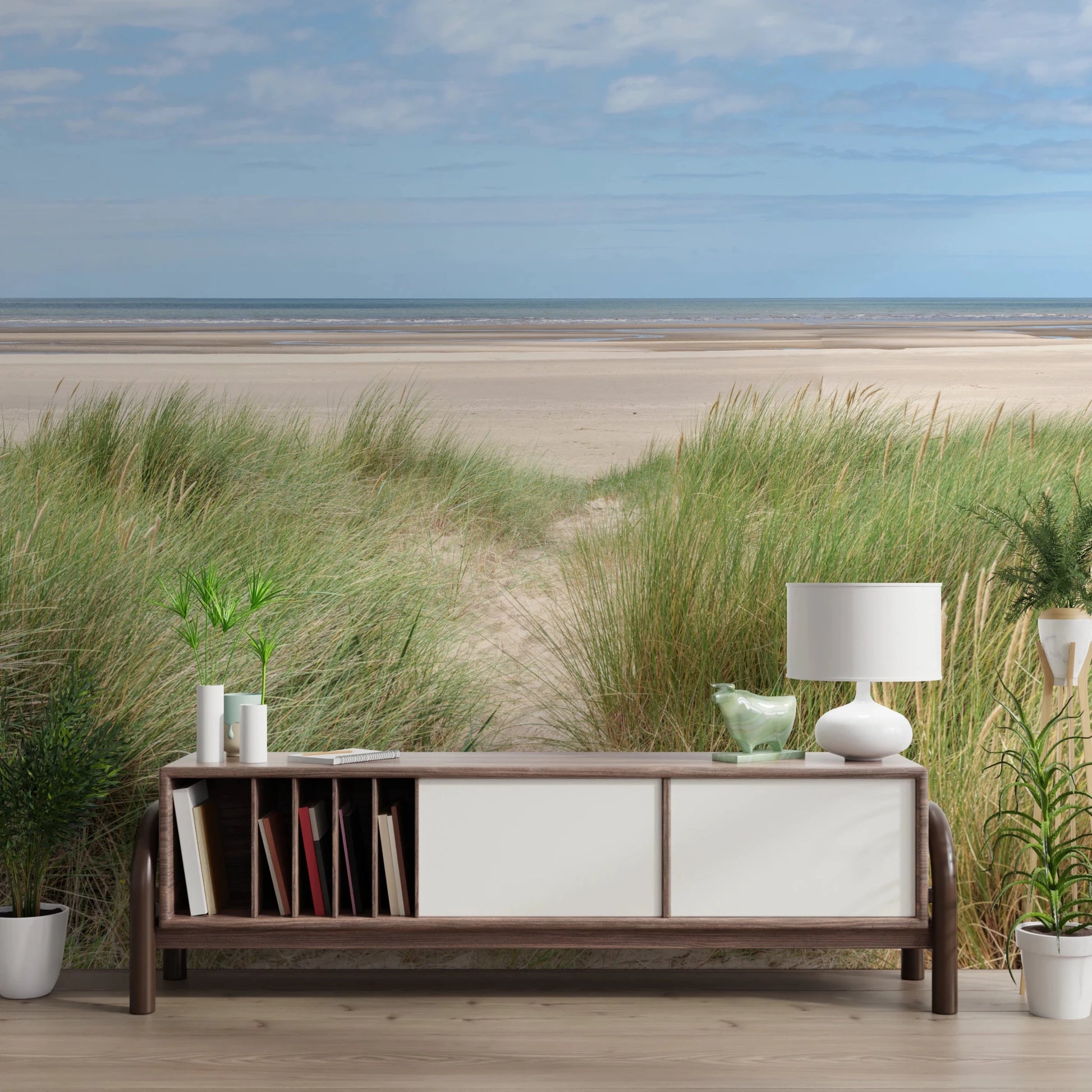 Minimalist Grassland by the Sea wallpaper for home interiors.