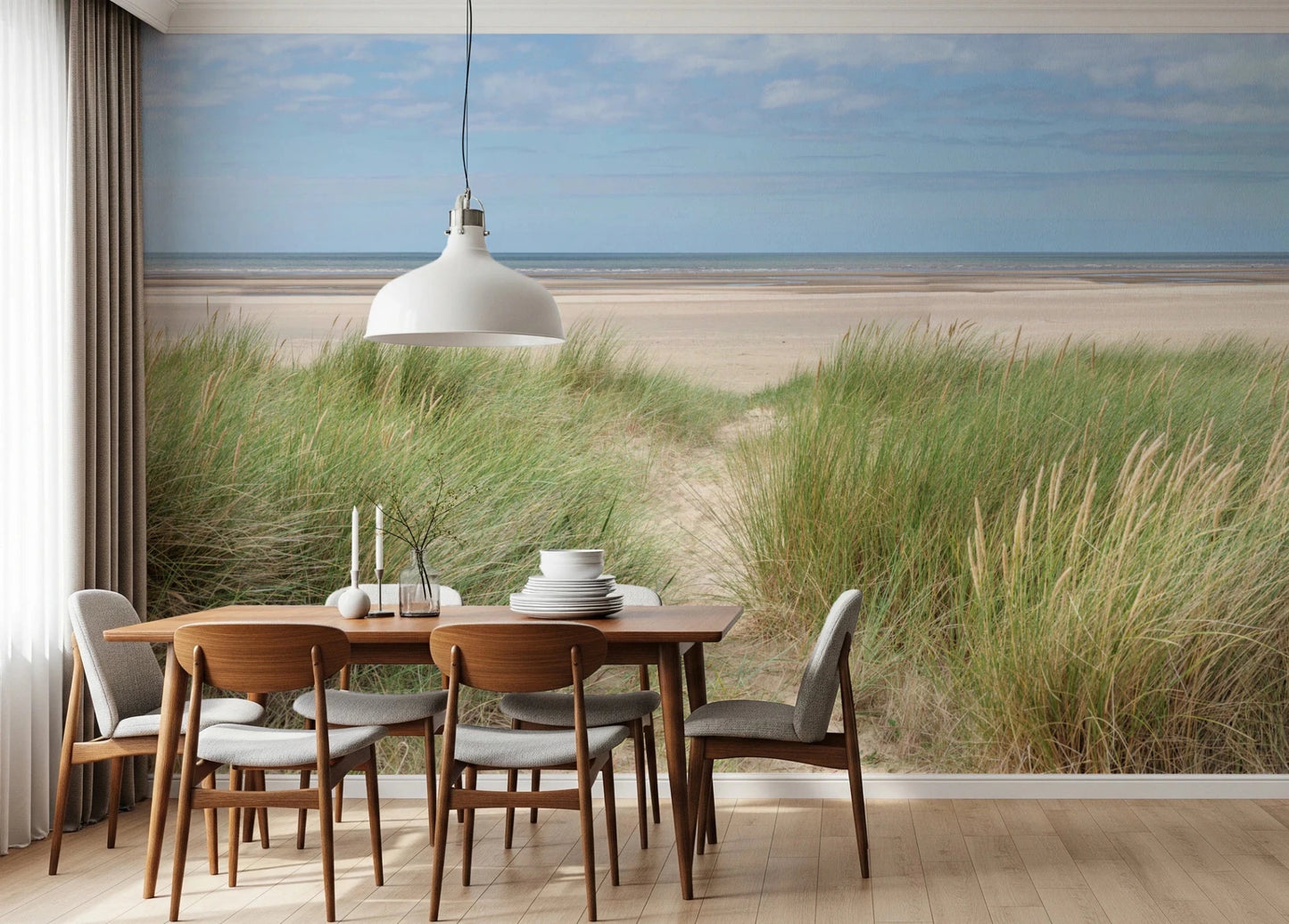 Nature wall mural with tall beach Grassland and sandy horizon.