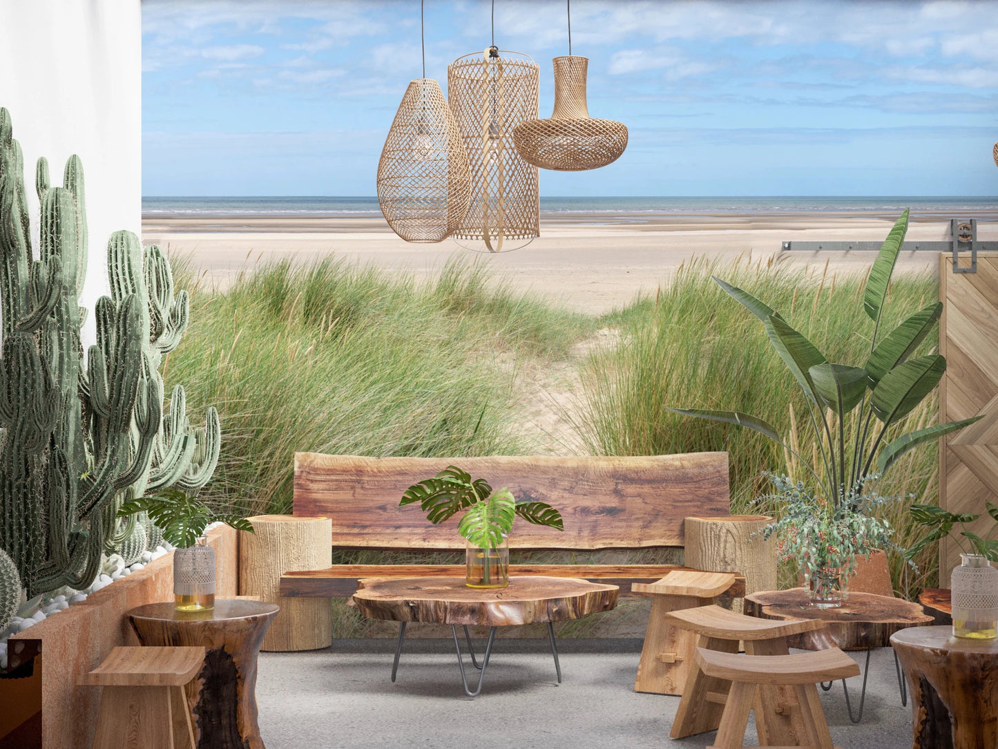 Scenic beach wall mural for a quiet home office interior.