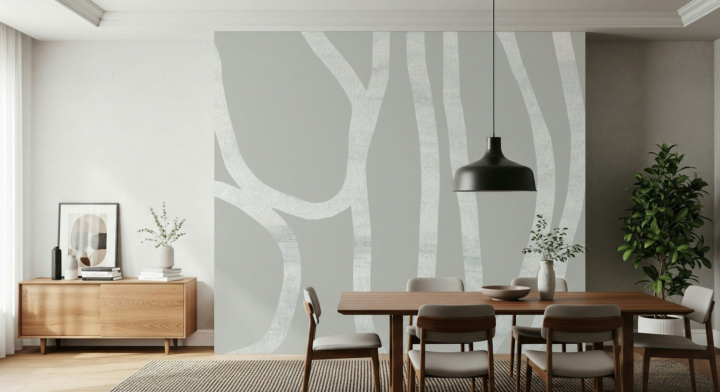 A peaceful modern abstract mural on decorative wallpaper.