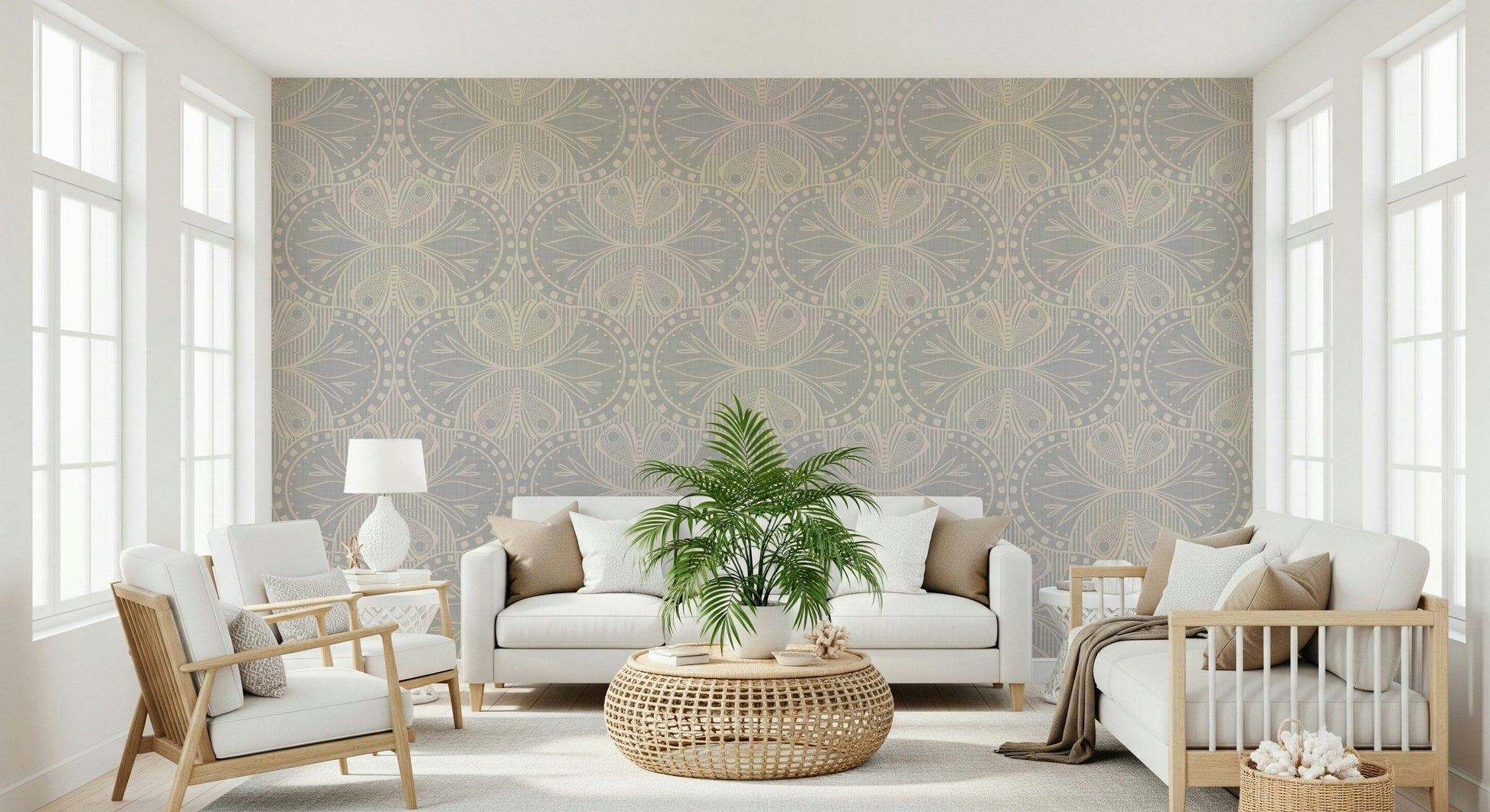 Subtle grey wall mural with elegant pale moth figures, intricate detailing.