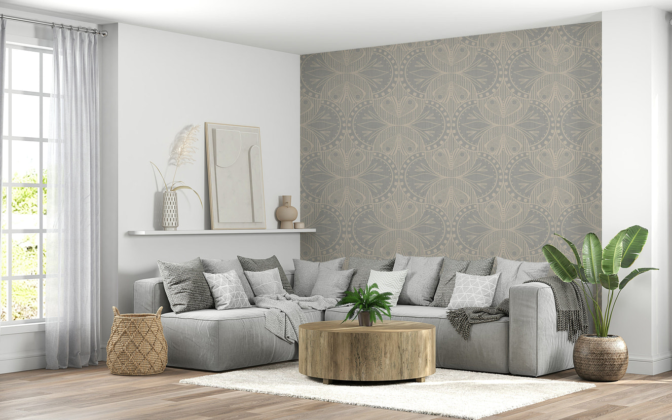 Art Nouveau Butterfly Floral in Light Grey wallpaper, calming motif.