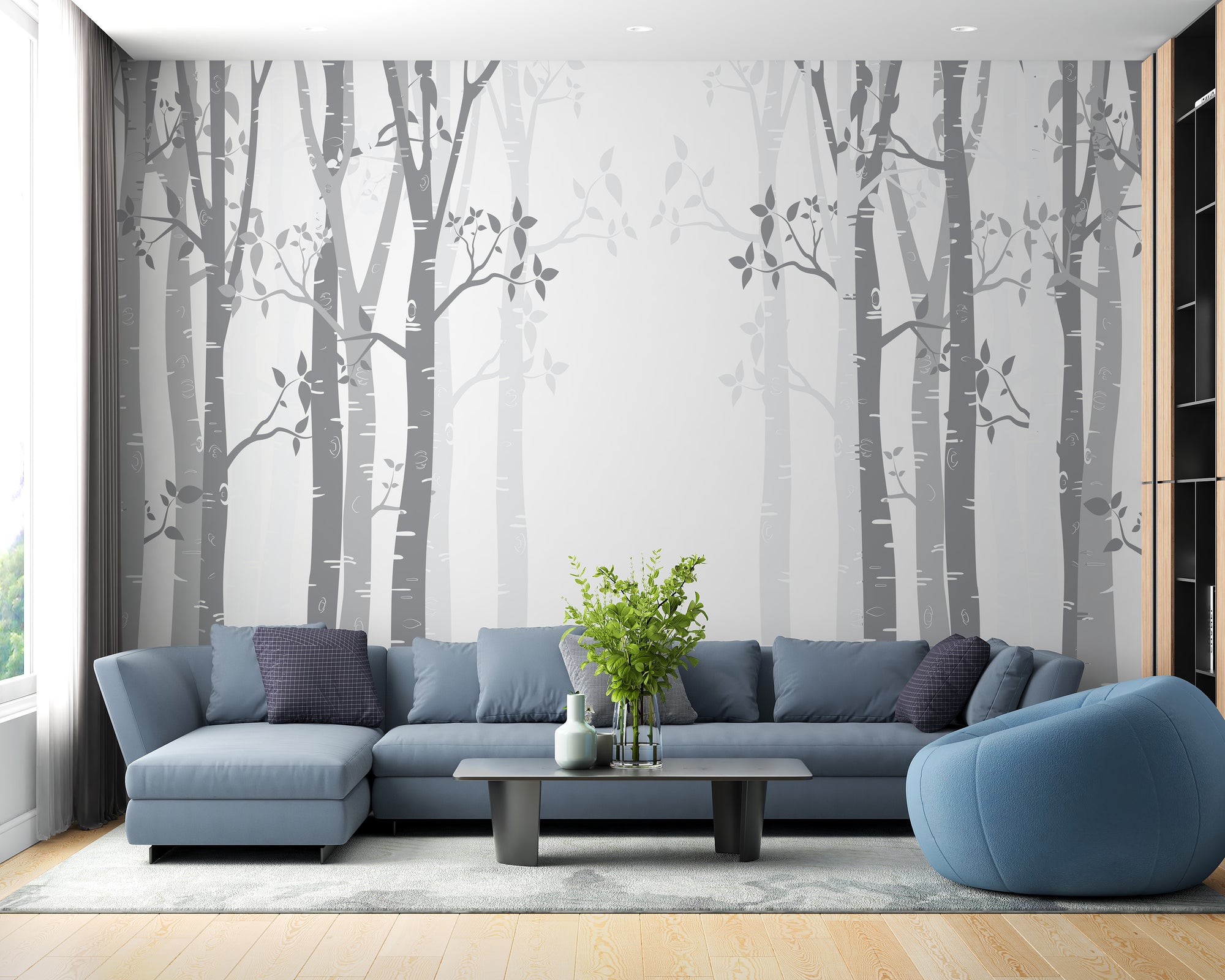 Gray Bamboo forest wallpaper mural shown as a full feature wall that highlights the design