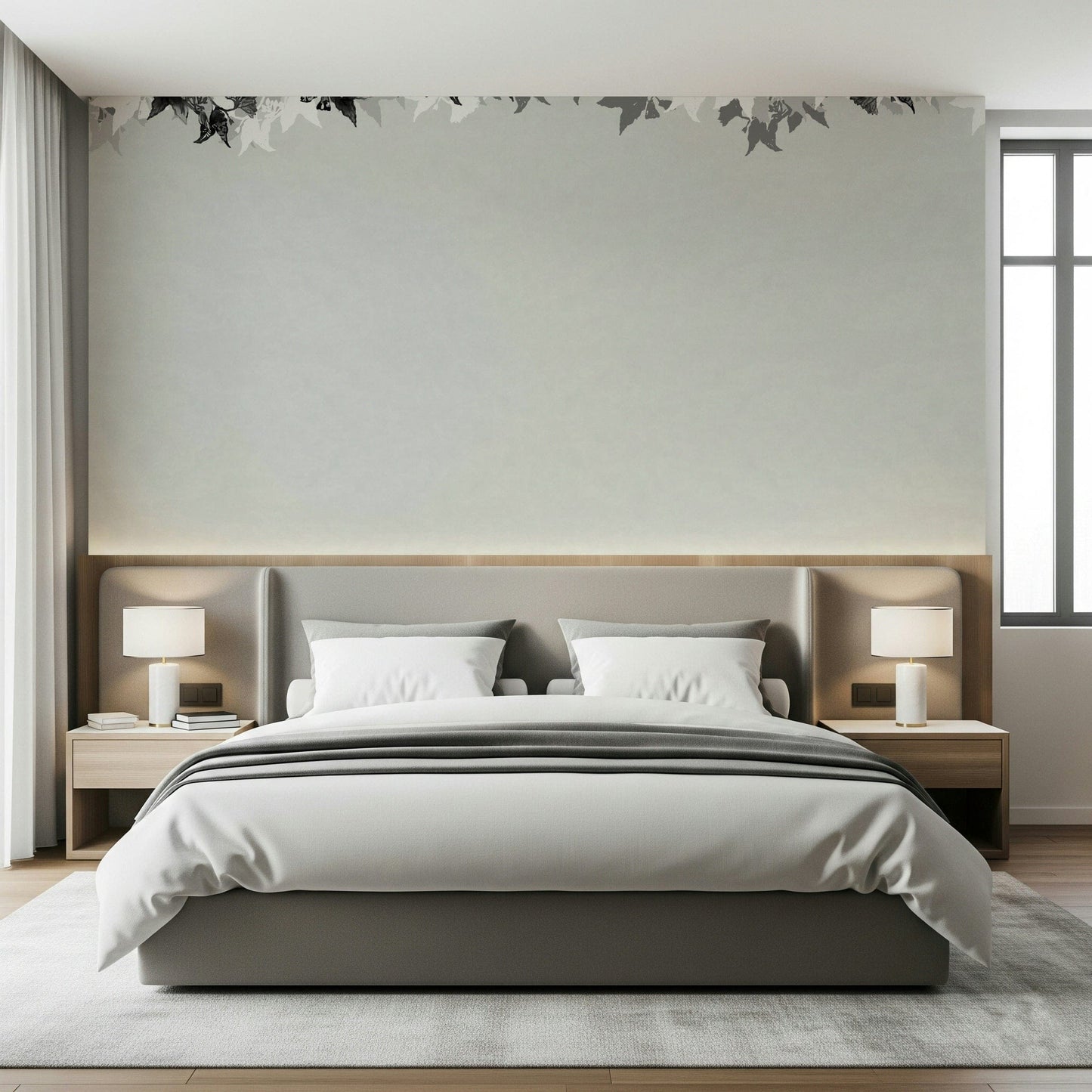 A beautiful wide-angle wall mural of a monochrome wood.