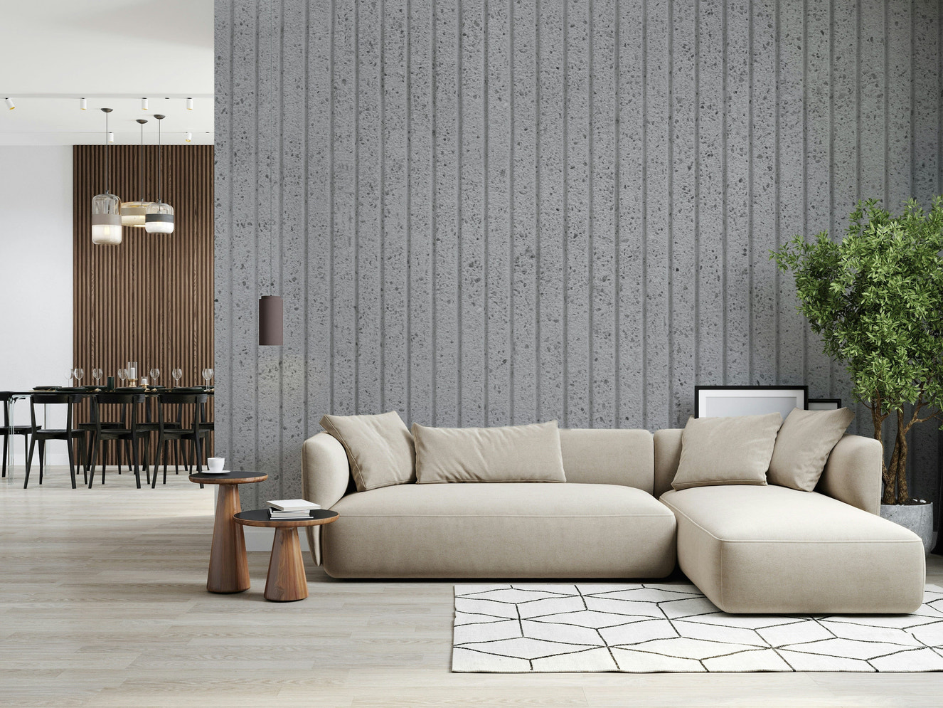 Linear Concrete Illusion Wall Mural featuring sleek, modern concrete textures with linear patterns for contemporary interiors.
