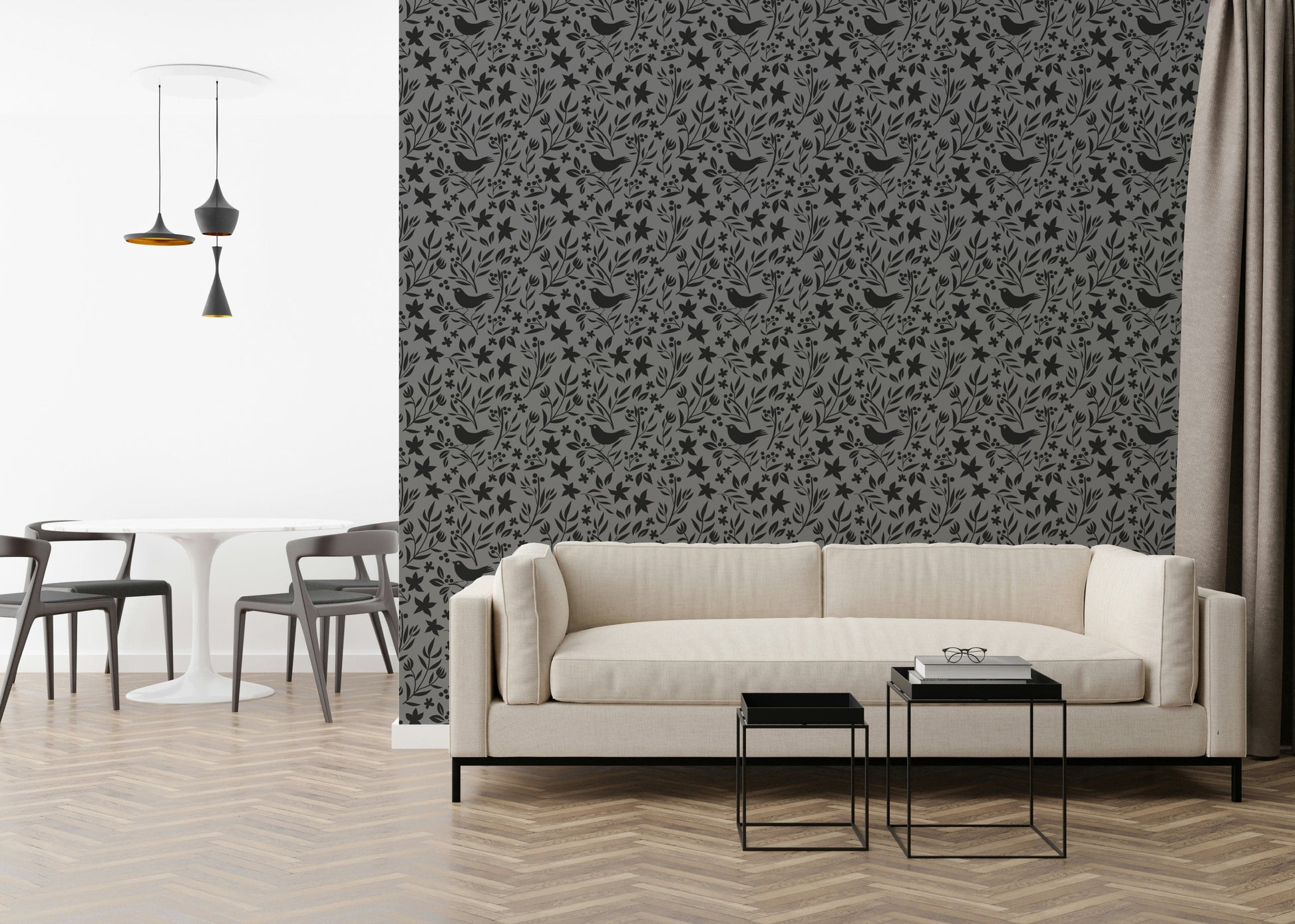 Gray Scandinavian, repeating forest motif, shadow effect wallpaper.