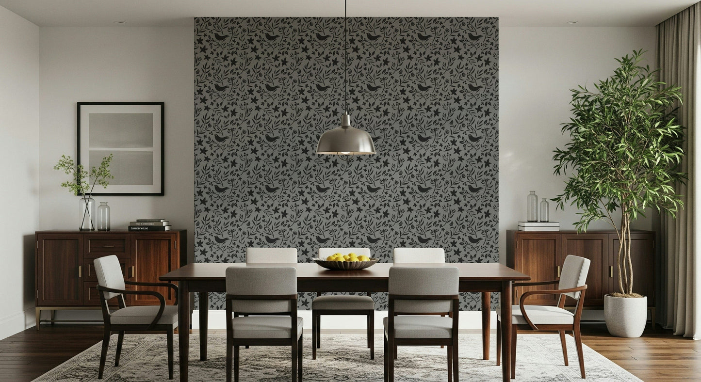 Dapper birds and vines, Folk Bird Botanical, elegant nursery wallpaper.