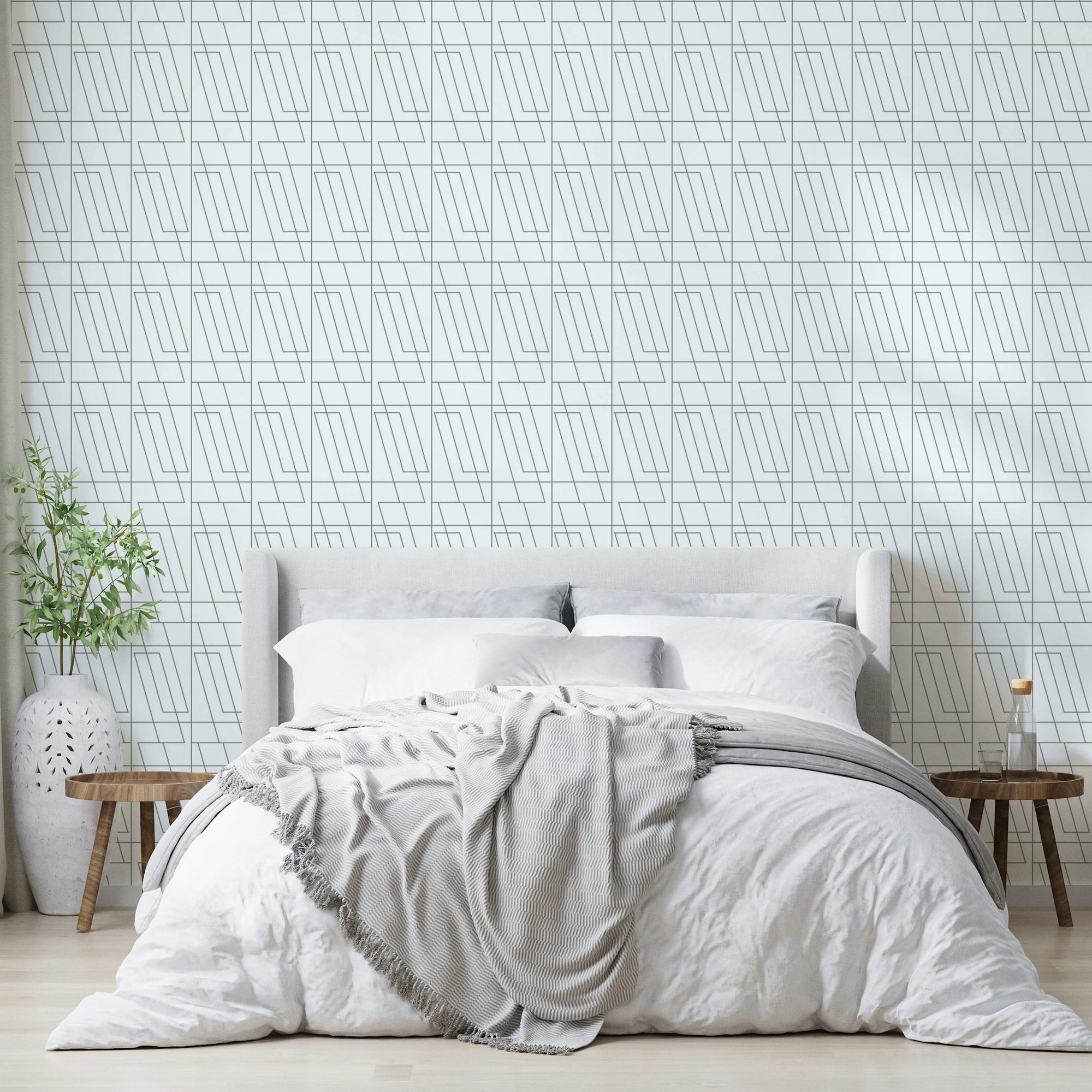 Minimalist light grey line grid on a bright white wallpaper for bedroom
