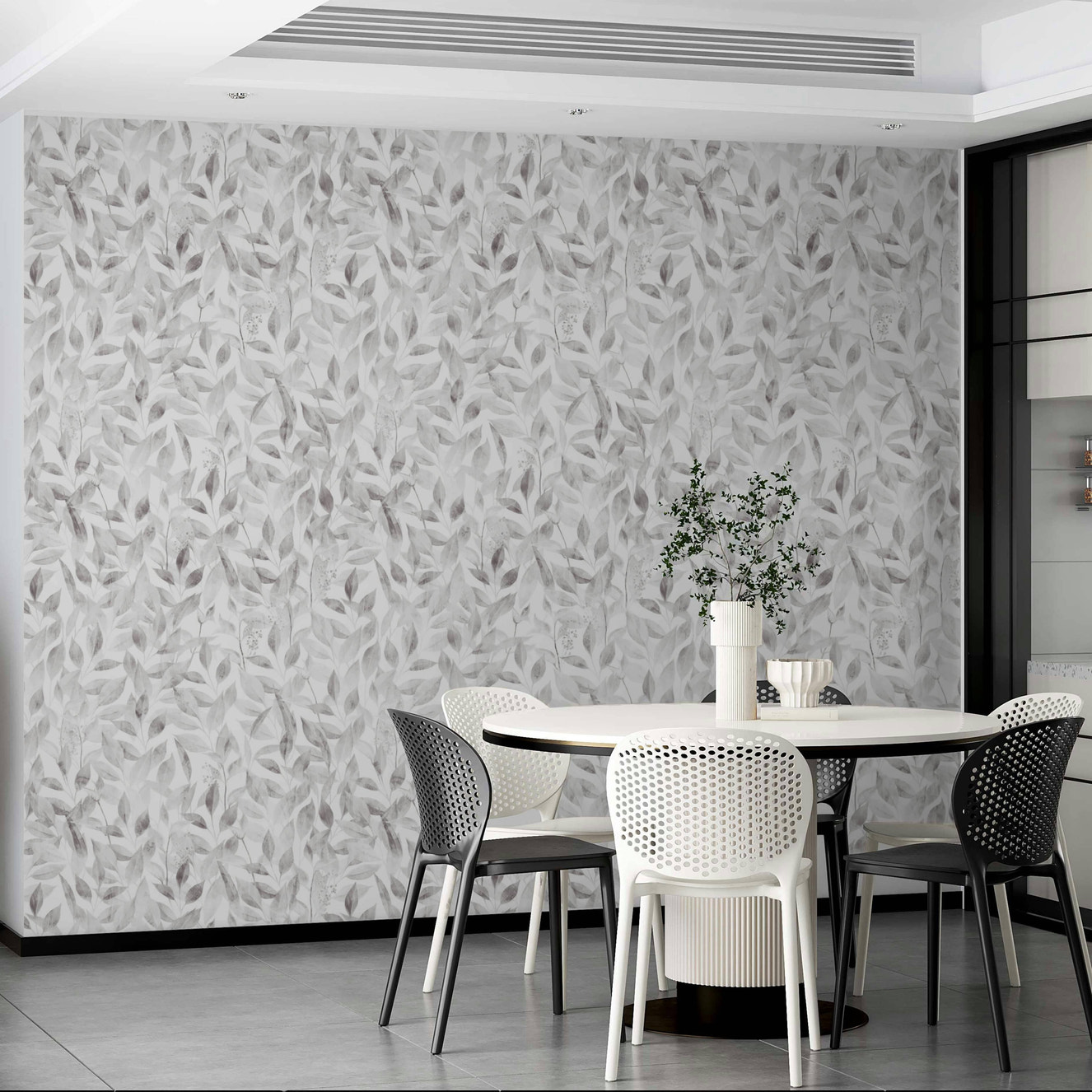 Soft grey foliage design for elegant wallpaper.
