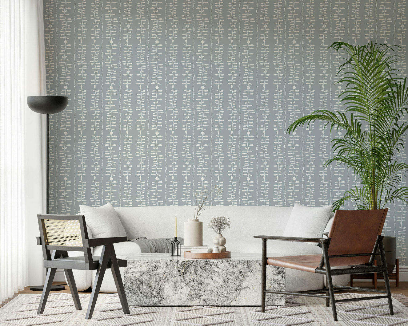 Serene blue wallpaper for walls with botanical trailing stems.