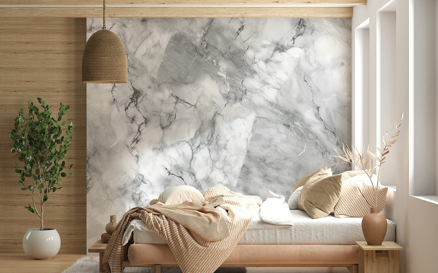 Marble-inspired wallpaper with flowing gray veins and soft stone textures.