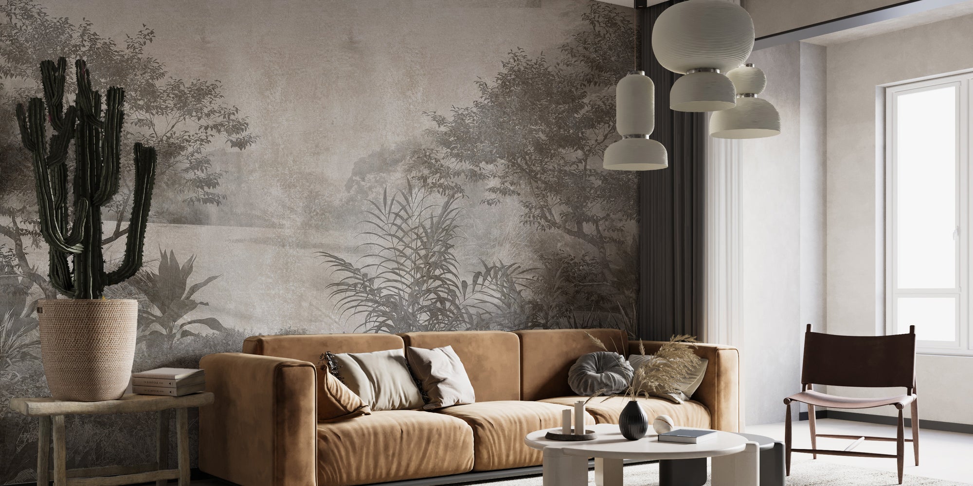 Gray Vintage Palm Tree wallpaper mural shown as a full feature wall that highlights the design