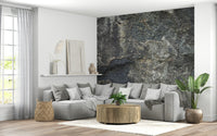 Nature rock wall mural in home office, modern workspace backdrop with wood desk