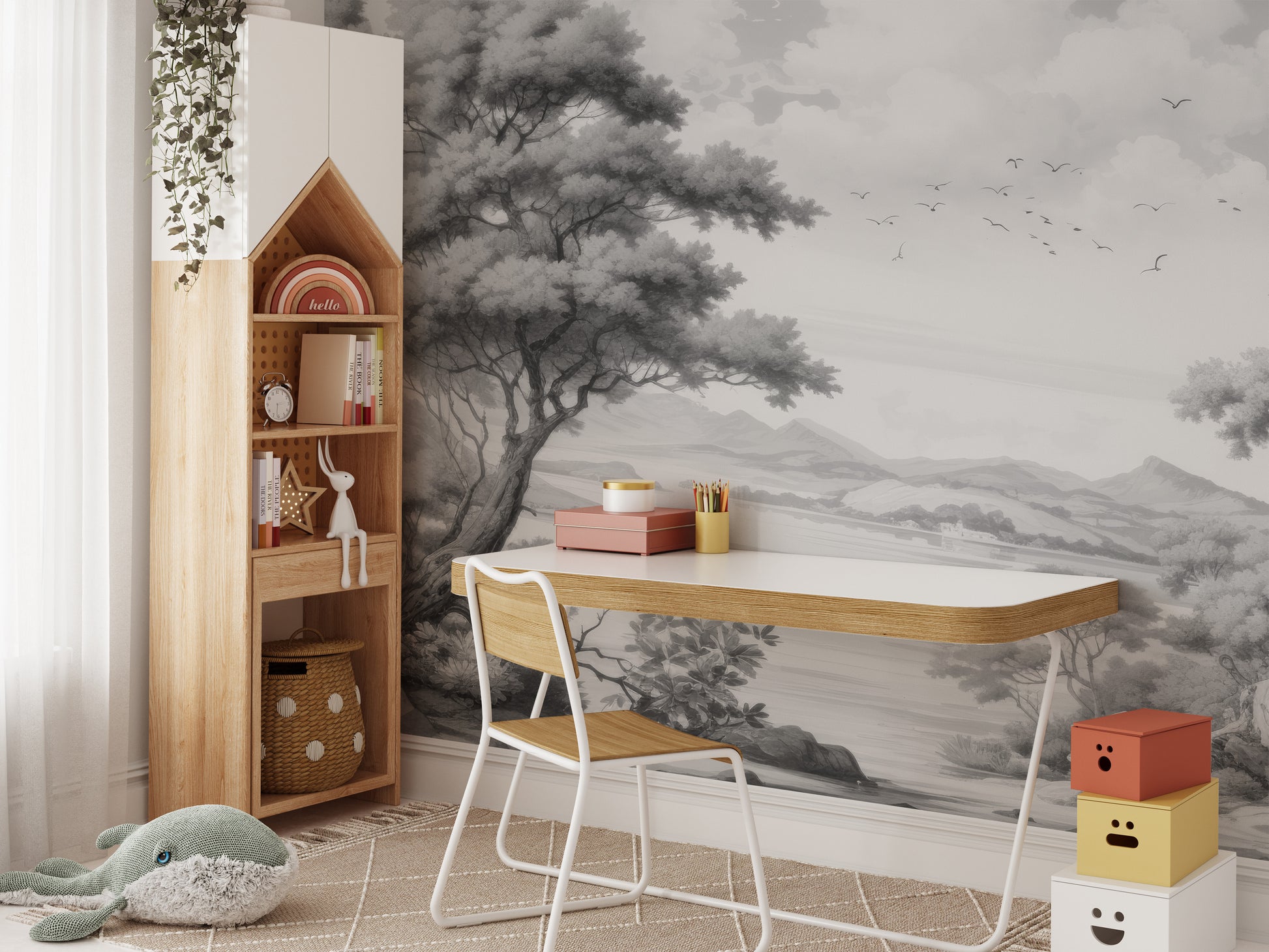 Gray sketched town wallpaper mural
