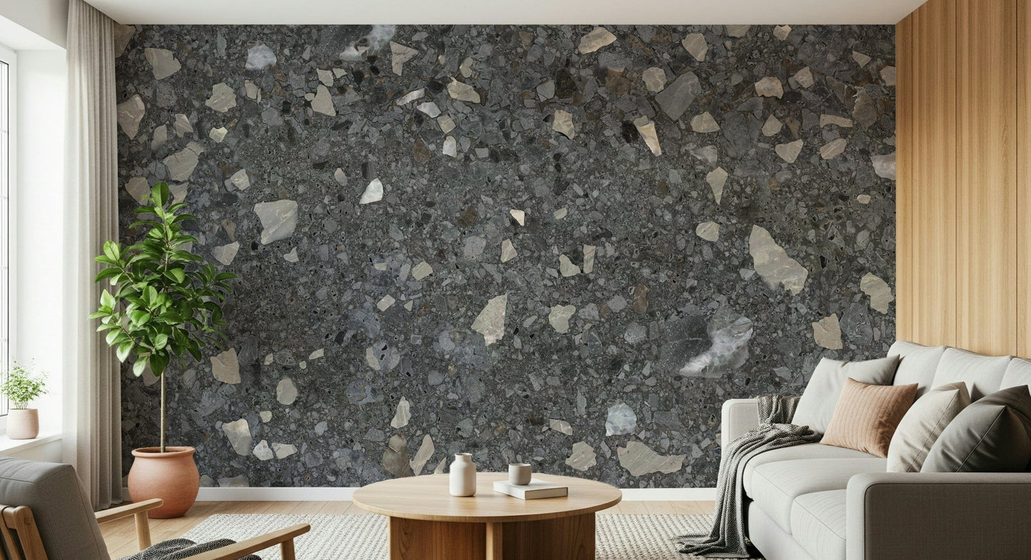 Wall mural with large stone inclusions. Terrazzo look.