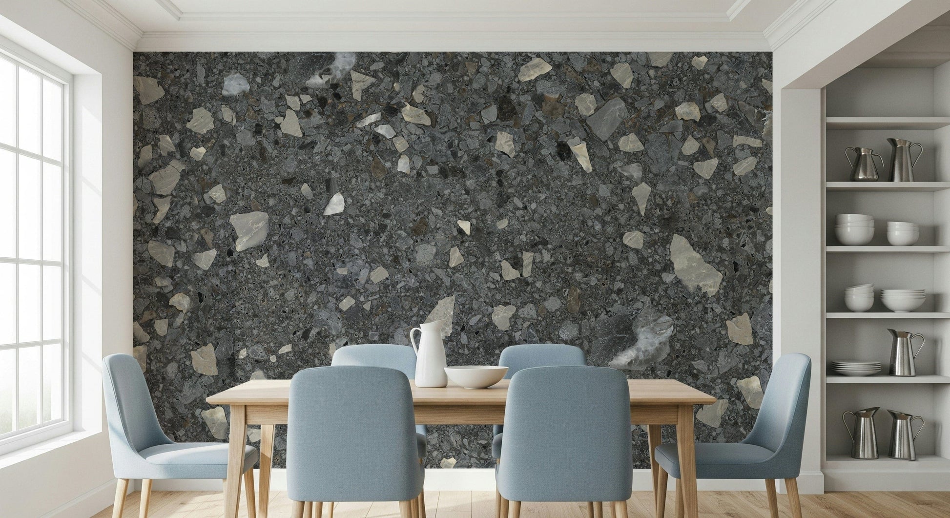 Charcoal Terrazzo wall mural. Grey marble pieces composite finish.