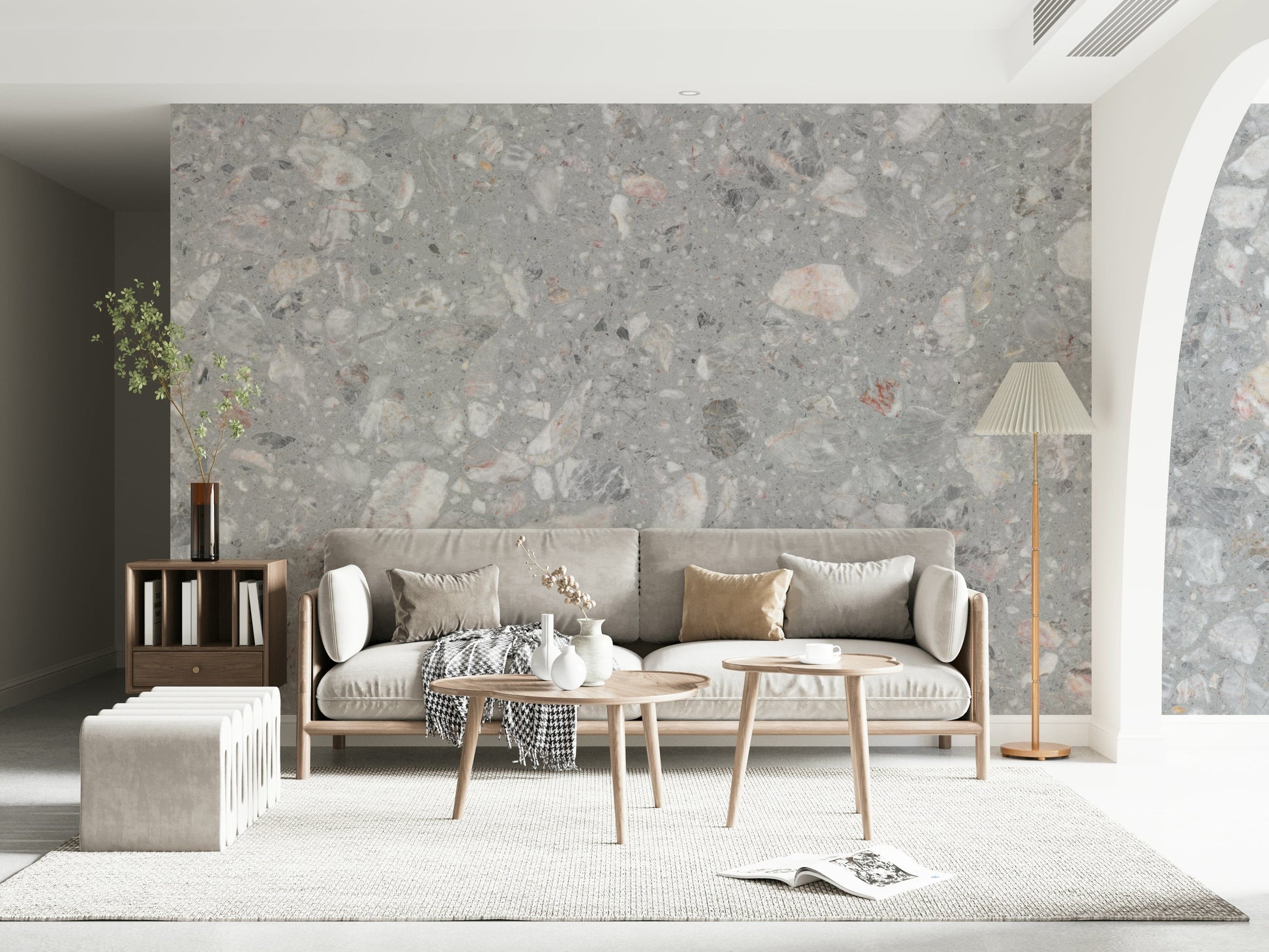 Delicate Gray Terrazzo wallpaper. Fine-grained stone fragment style.