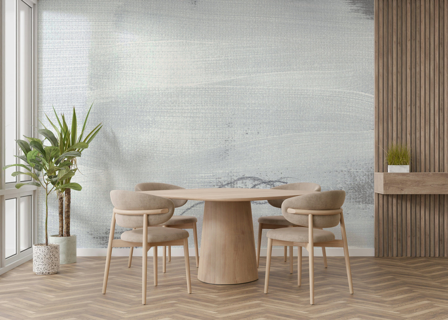 A graceful subtle gradient wall mural in cool, neutral tones.

