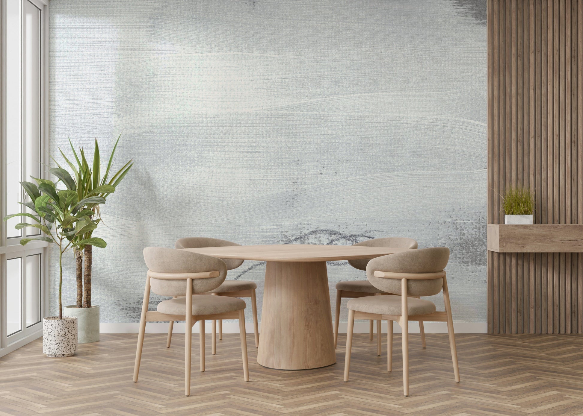 A graceful subtle gradient wall mural in cool, neutral tones.

