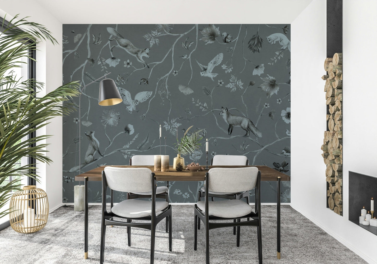 Serene woodland mural in gray tones featuring trees and soft forest foliage