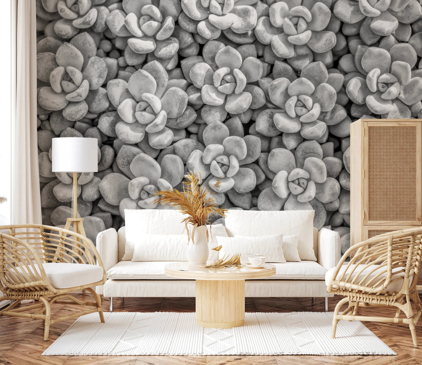 Neutral tone Grayscale Succulent Array Wall Mural featuring layered plants.