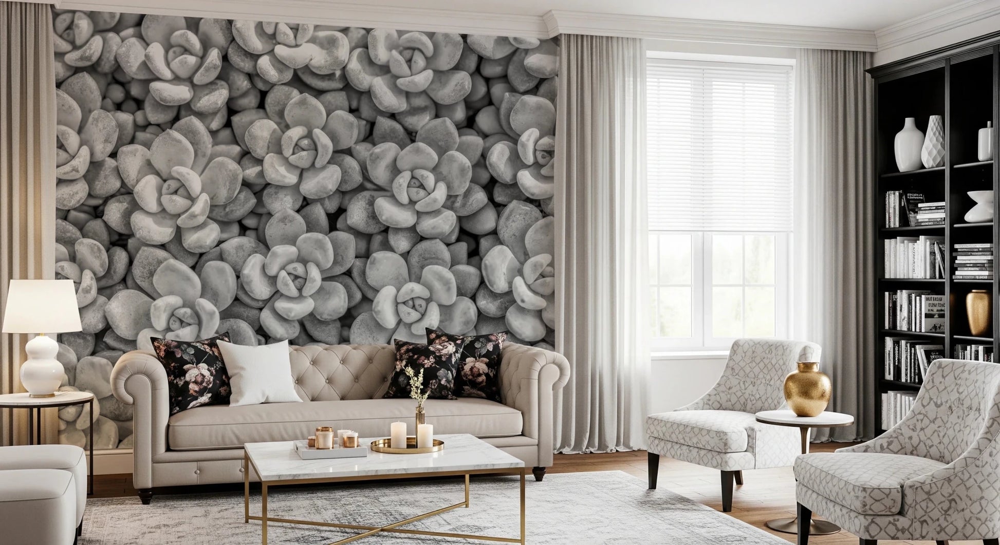 Calm plant aesthetic in this Grayscale Succulent Array Wall Mural design.