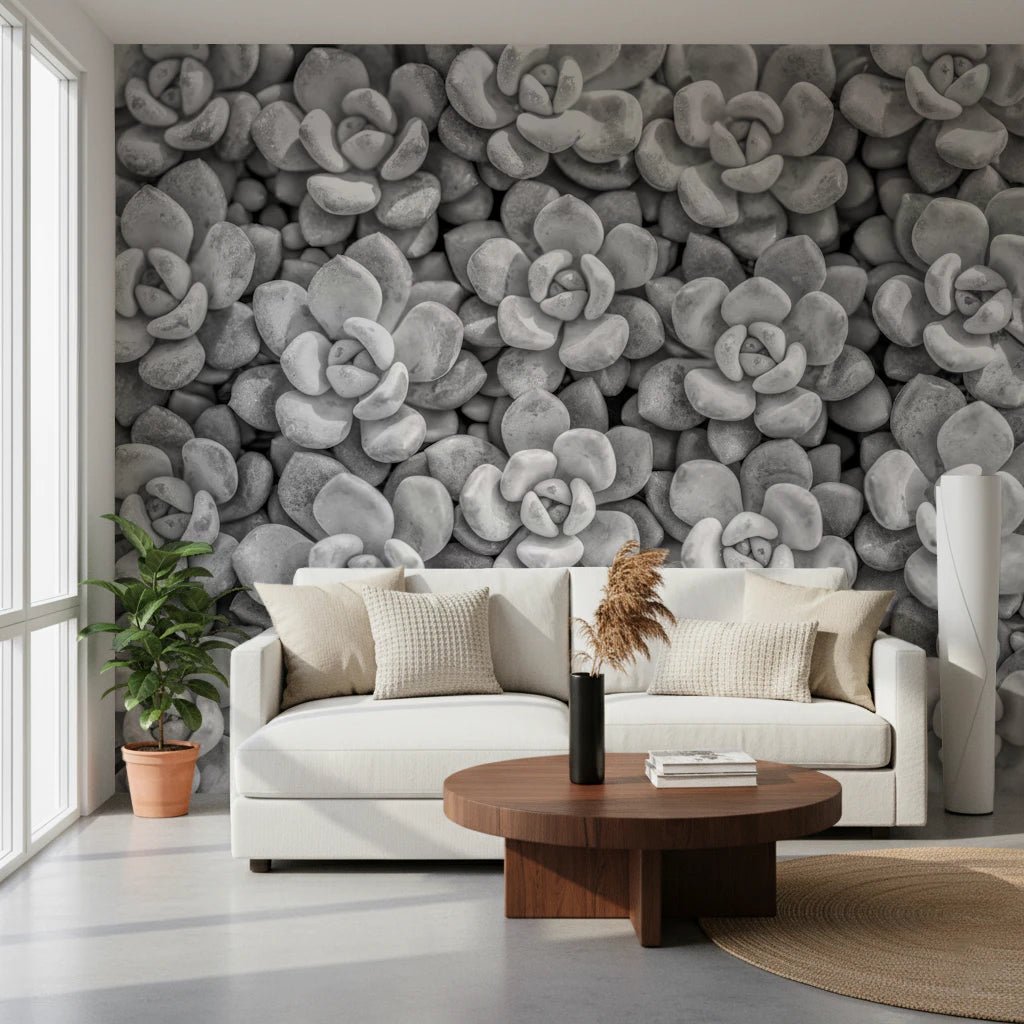 Repeating nature motifs on this Grayscale Succulent Array office Wall Mural.