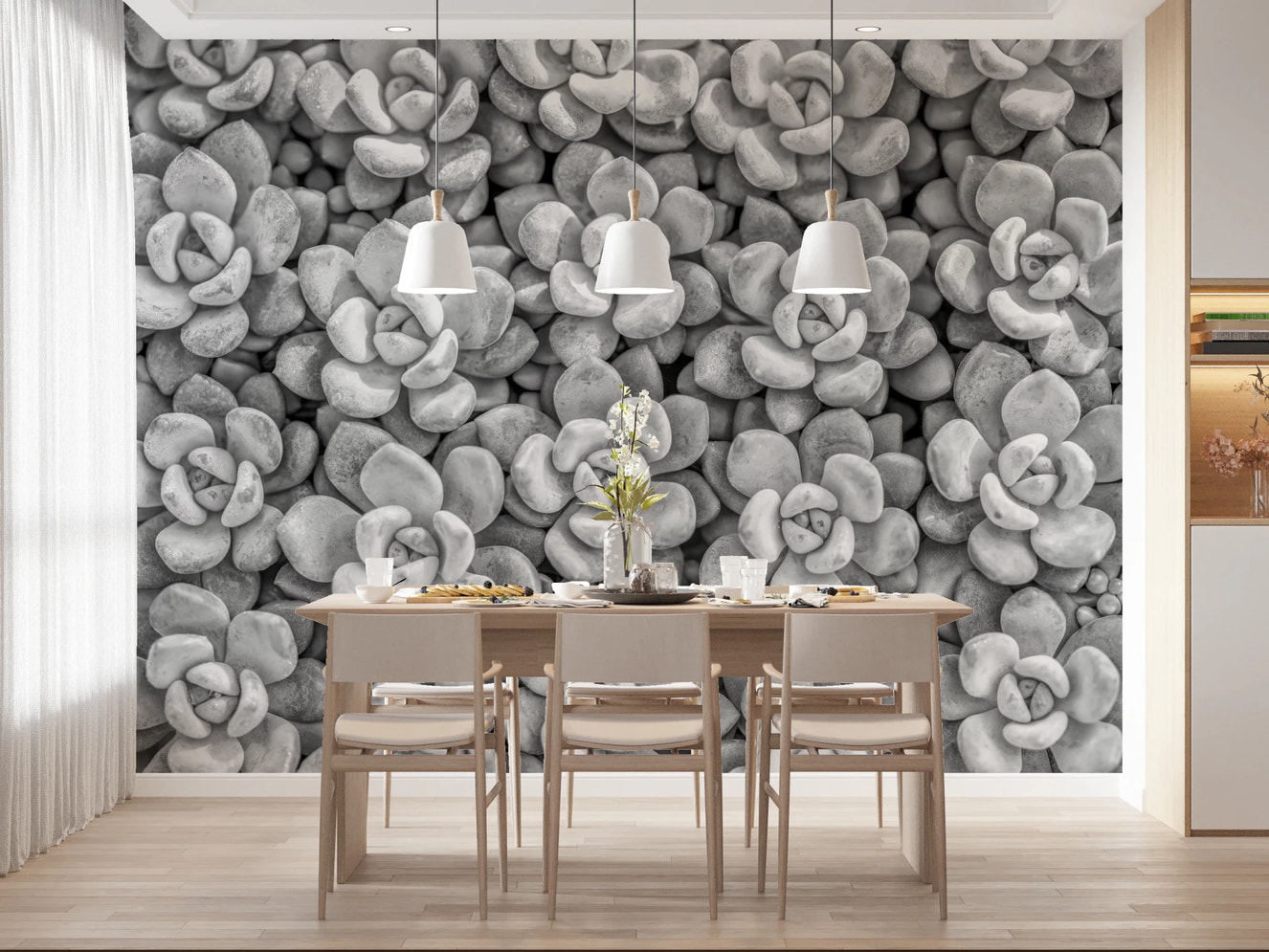 Soft textured Grayscale Succulent Array Wall Mural for modern dining area wall decor.