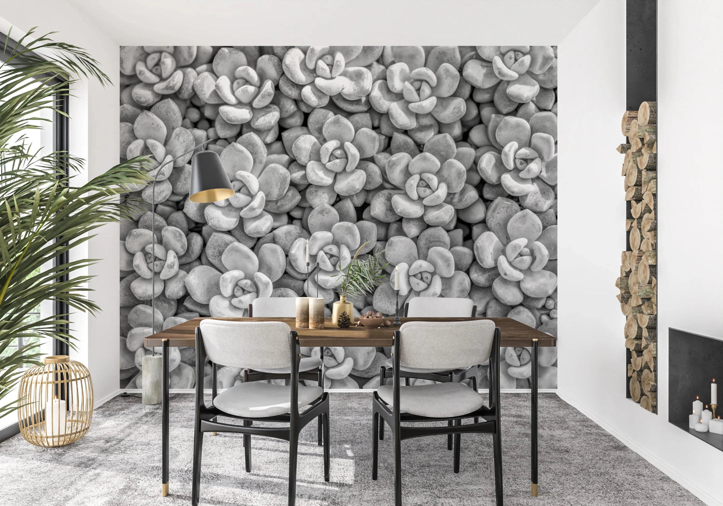 Natural desert inspired Grayscale Succulent Array Wall Mural for dining room.