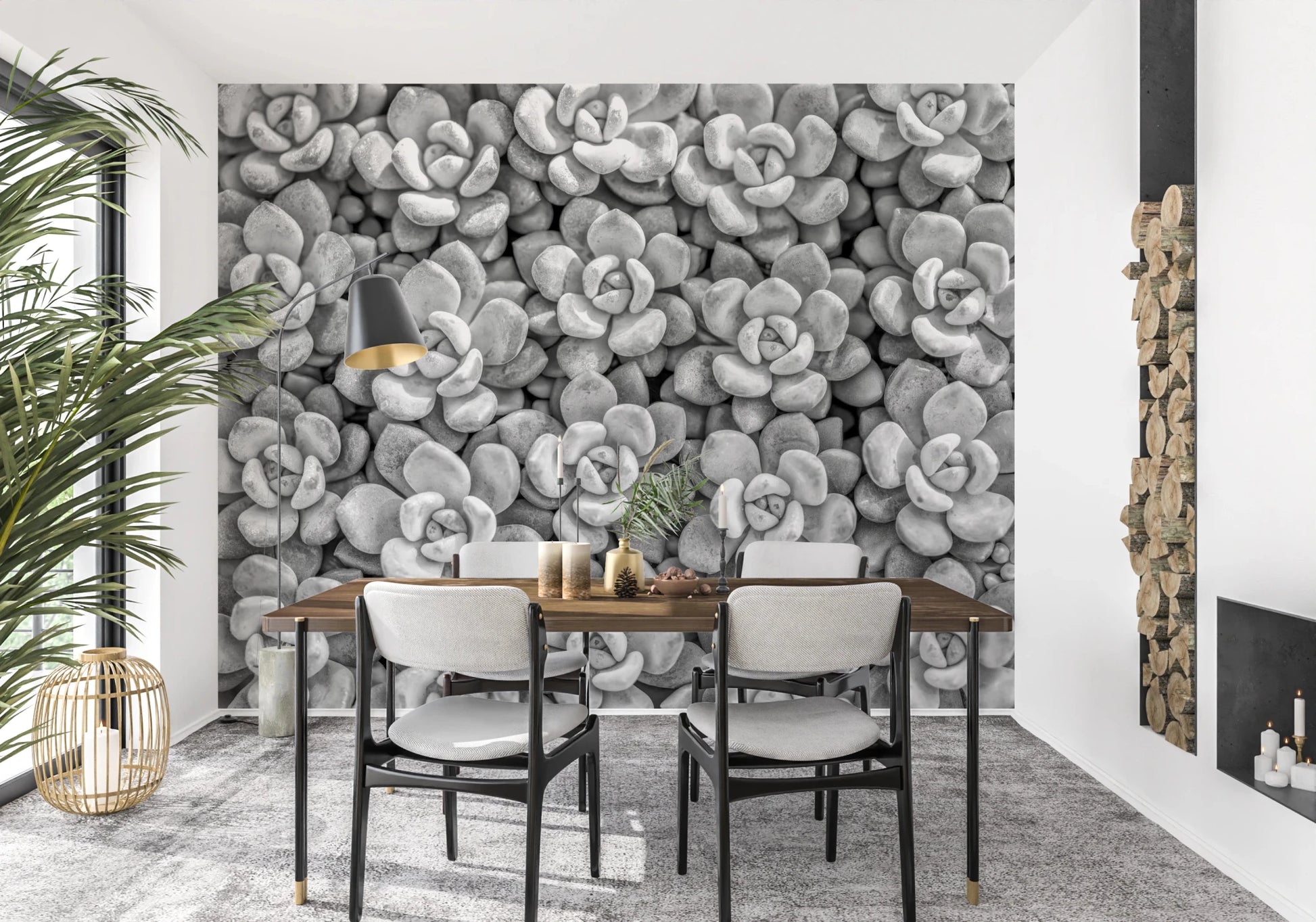 Natural desert inspired Grayscale Succulent Array Wall Mural for dining room.