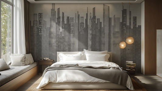 Mural de parede em tons de cinza com paisagem urbana