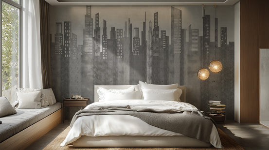 Grayscale Urban Cityscape wallpaper mural of skyscrapers behind a white bed and beige daybed in a calm bedroom