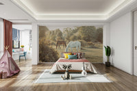 One horse is white, and the other is brown.

