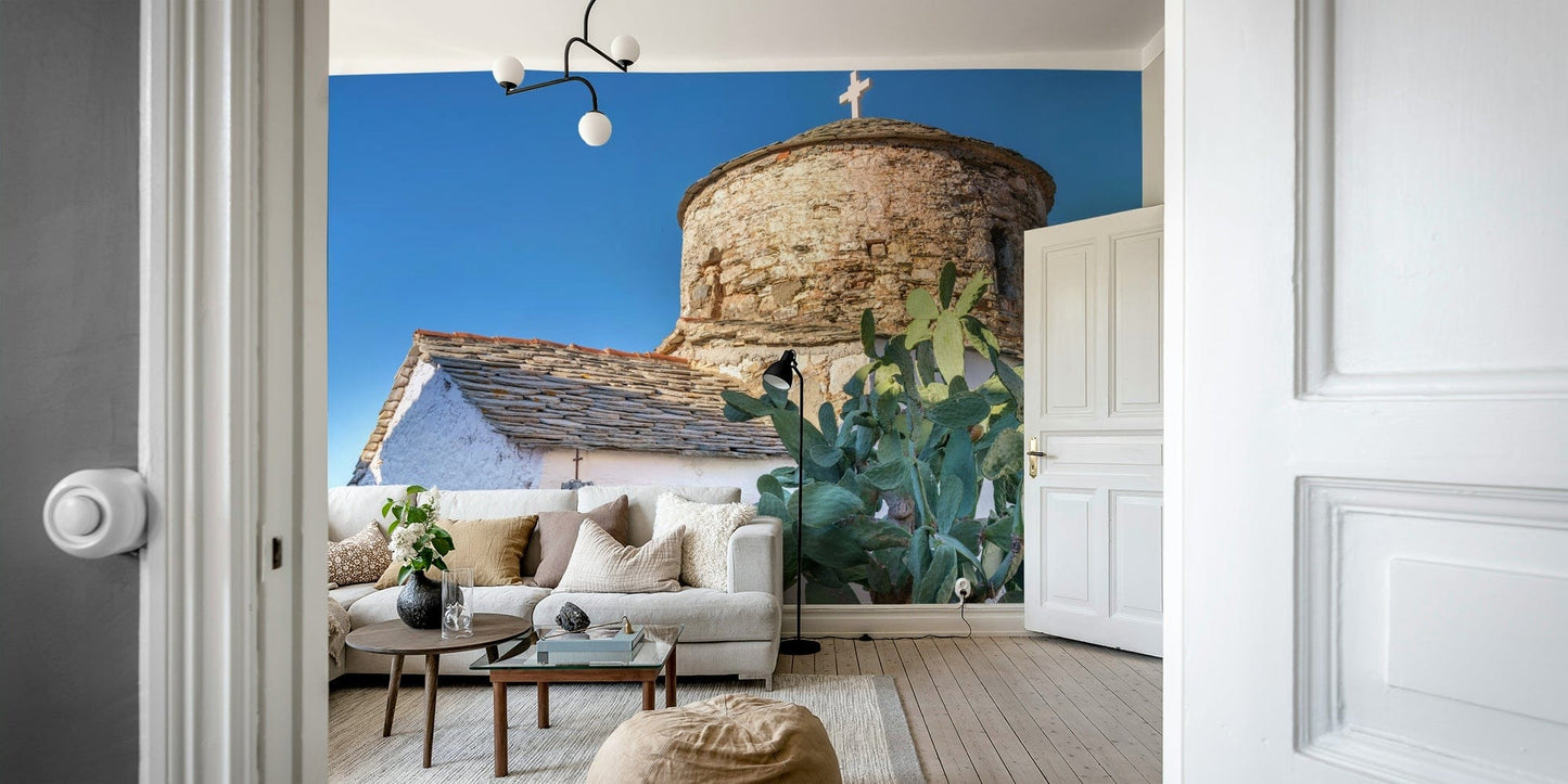 A peaceful island vista mural on decorative wallpaper.

